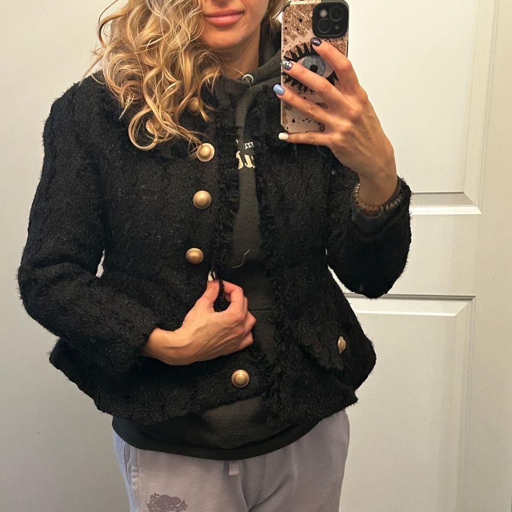 Elegant Black Tweed Jacket with Gold Buttons